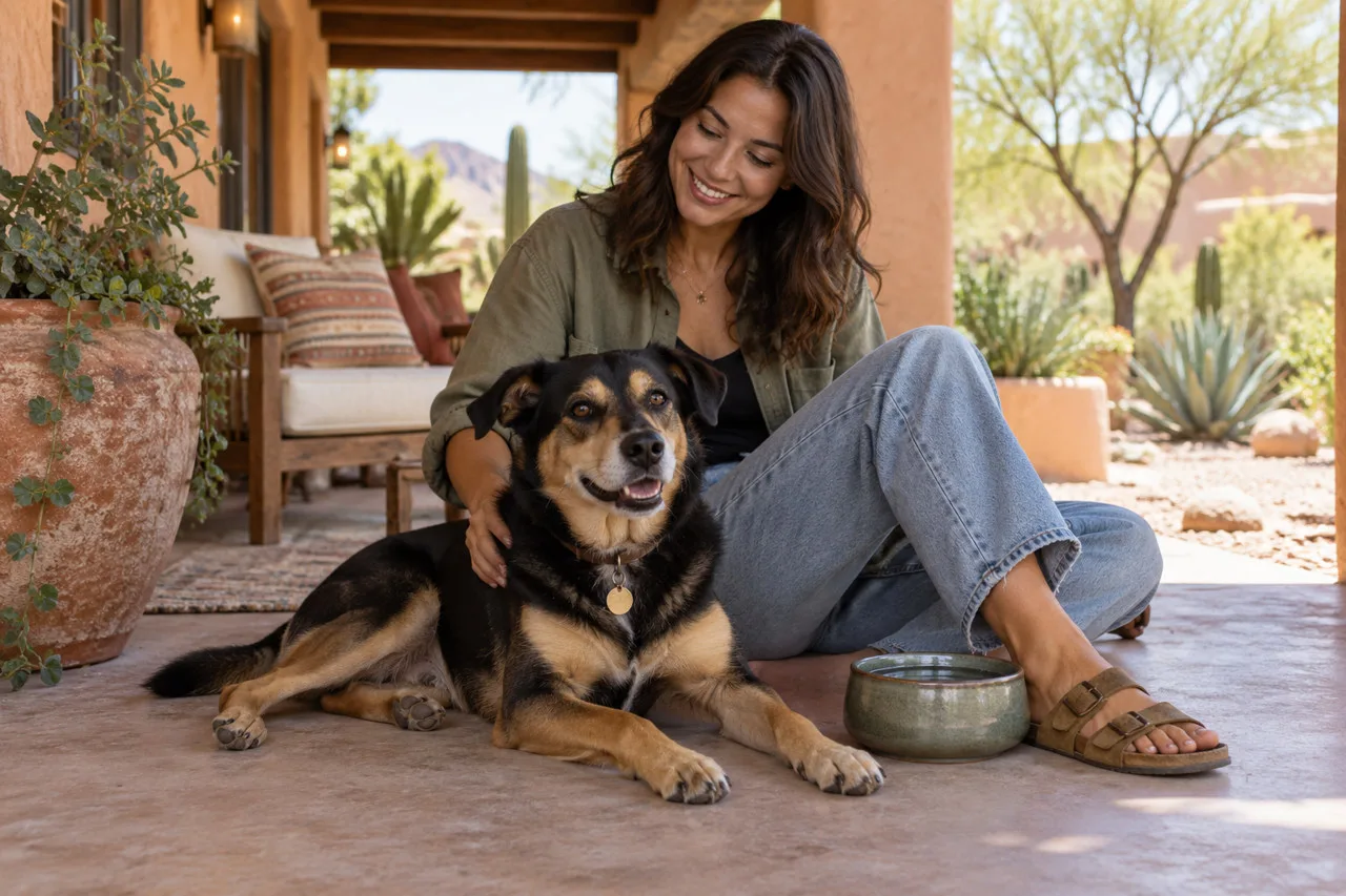 Owner relaxing outdoors with a dog beside a brick wall and plants